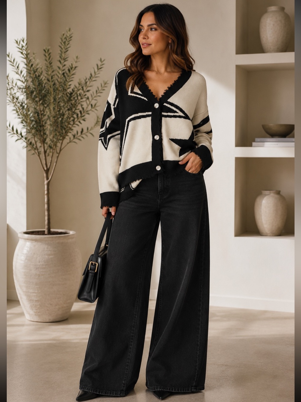 ShopEvelynne Black & Cream Star-Pattern V-Neck Button Cardigan